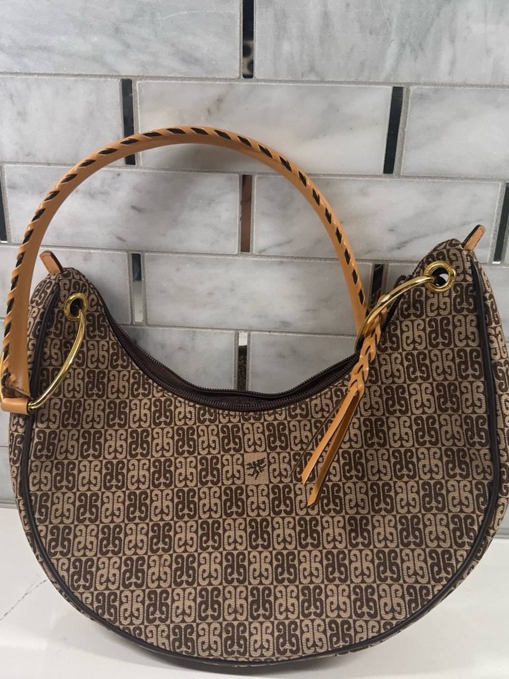 Piero Guidi Brown Monogram Crescent Shoulder Bag with Tan Handle
